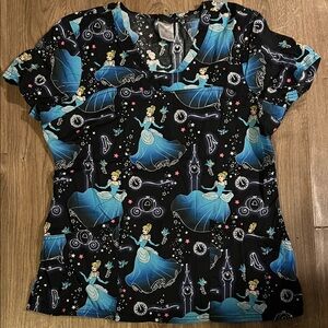 Disney Cinderella Black Short Sleeve V-Neck Scrub Top with Blue Print